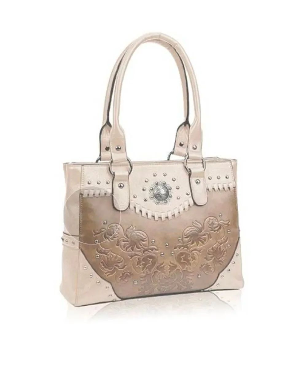 New~LAVAWA Western Shoulder Bag Vintage Embossed Concho Studs~Tan/Cream